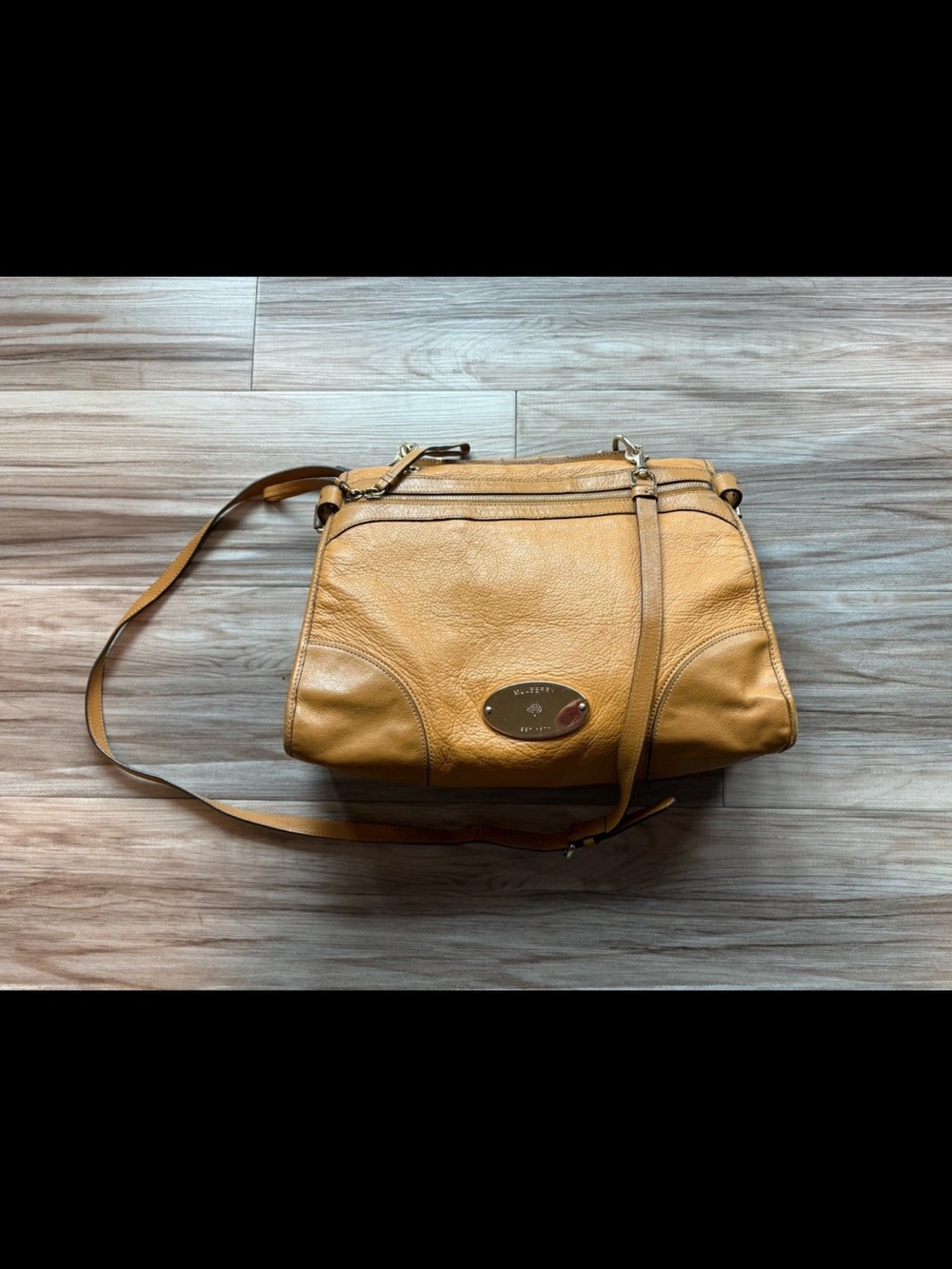 Mulberry Camel Tan Leather Crossbody Bag with Gold-Tone Plaque